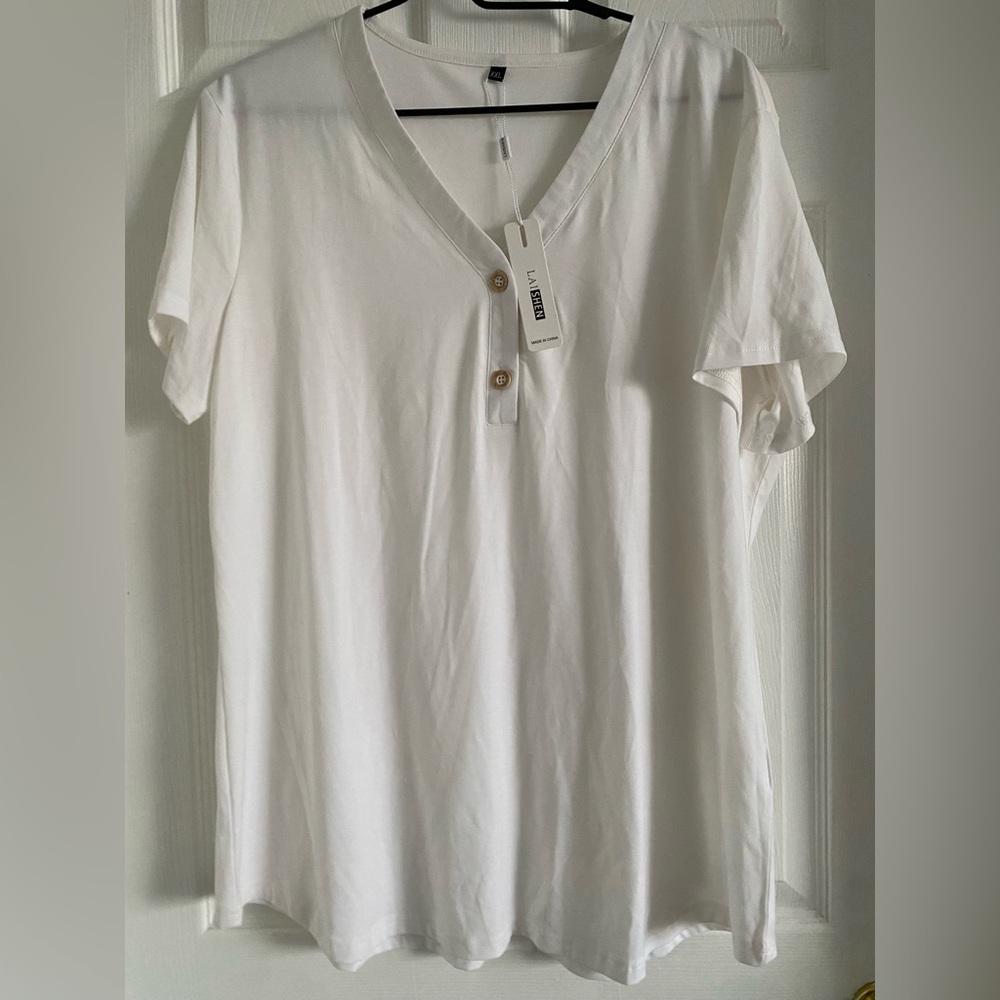 White Short Sleeve Buttoned V-Neck Tee